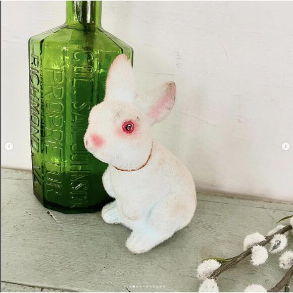 Vintage Flocked Fuzzy Easter Bunny Pink OR Blue Bank Glass Plastic Eye BOTH - Picture 2 of 10